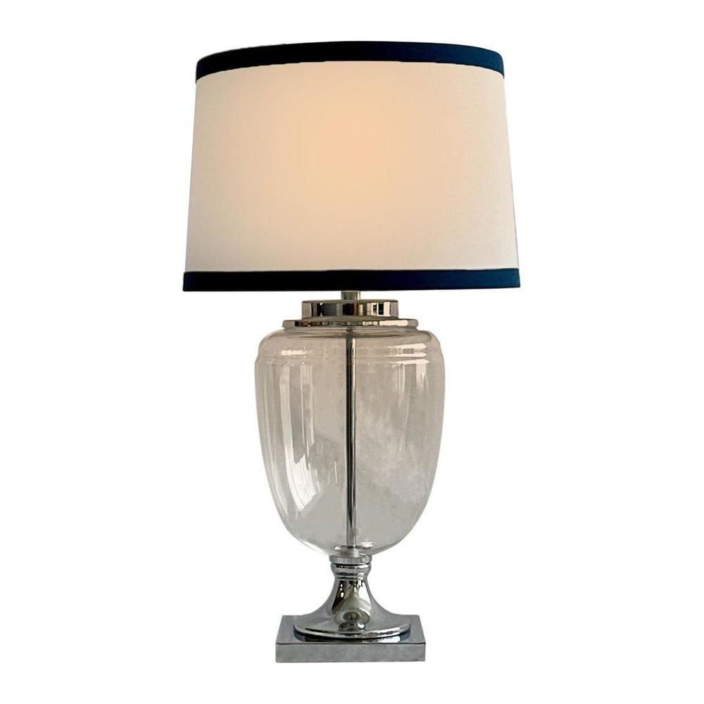 Charlotte Glass And Nickel Lamp With White Linen Shade (Navy Trim)