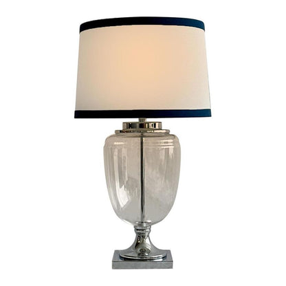 Charlotte Glass And Nickel Lamp With White Linen Shade (Navy Trim)