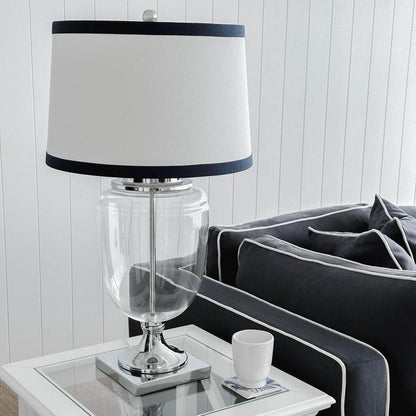 Charlotte Glass And Nickel Lamp With White Linen Shade (Navy Trim)