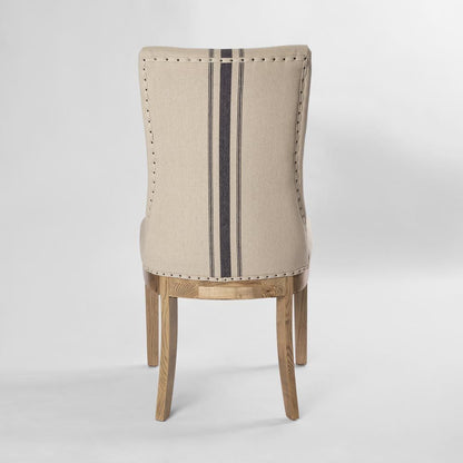 Oakwood Hamptons Linen Dining Chair Natural/Blue Stripe W/ Studs