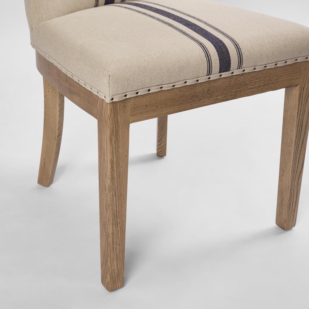 Oakwood Hamptons Linen Dining Chair Natural/Blue Stripe W/ Studs