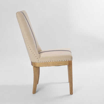 Oakwood Hamptons Linen Dining Chair Natural/Blue Stripe W/ Studs