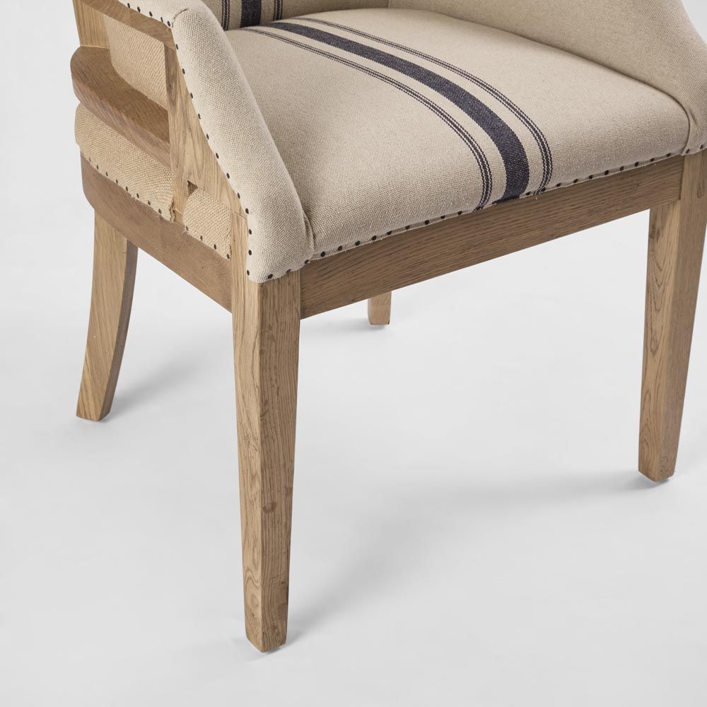 Oakwood Hamptons Linen Dining Chair Natural/Blue Stripe W/ Studs