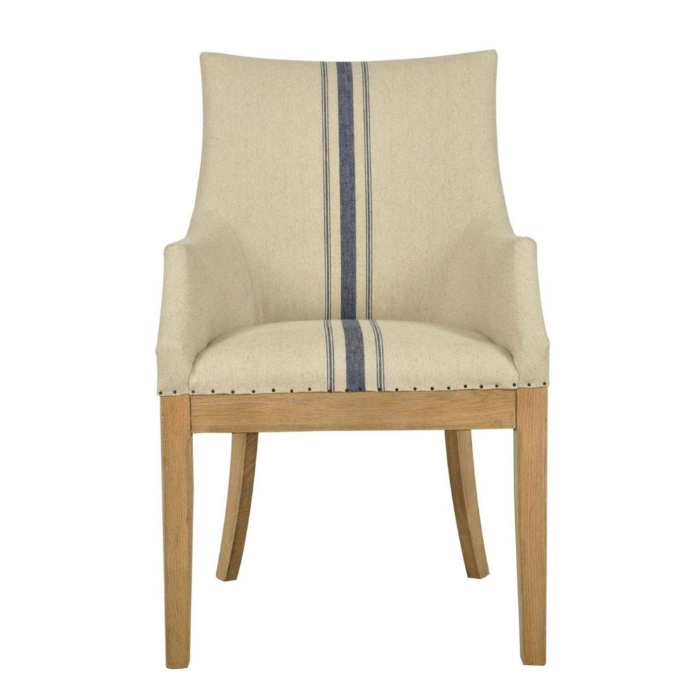 Oakwood Hamptons Linen Dining Chair Natural/Blue Stripe W/ Studs