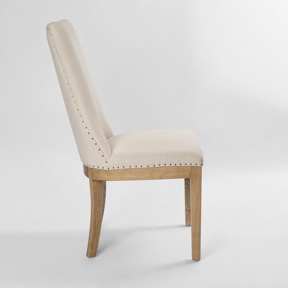 Oakwood Hamptons Linen Dining Chair Natural W/ Studs