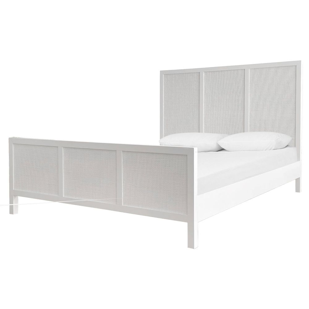 Santorini Hamptons Timber/Rattan Queen Bed White