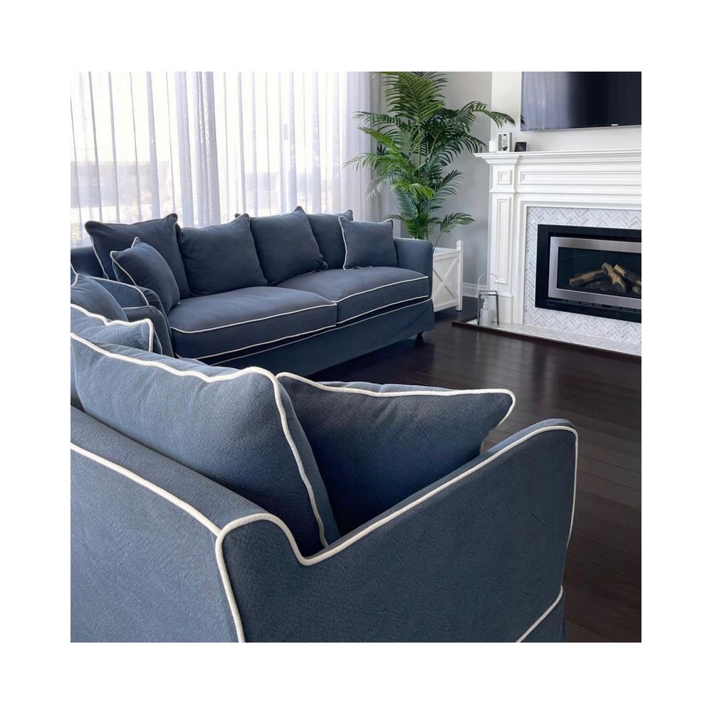 Slip Cover Only - Noosa Hamptons 2 Seat Sofa Navy W/White Piping