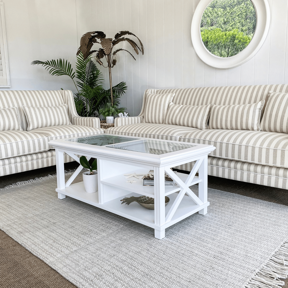 Bondi Hamptons 3 Seat Sofa Natural Stripe W/White Piping