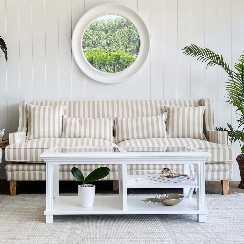 Bondi Hamptons 3 Seat Sofa Natural Stripe W/White Piping