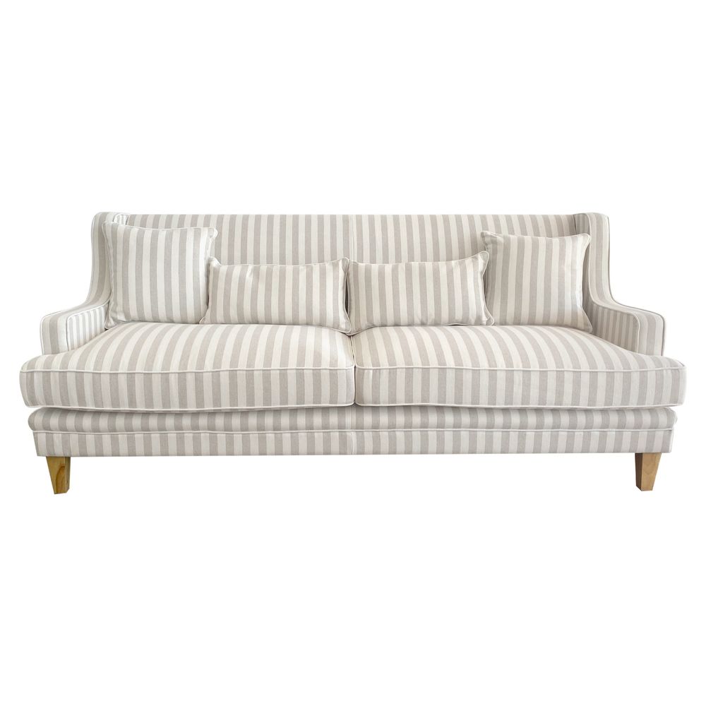 Bondi Hamptons 3 Seat Sofa Natural Stripe W/White Piping