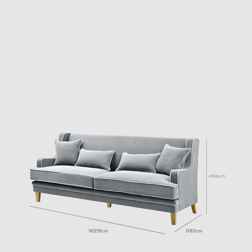 Bondi Hamptons 3 Seat Sofa Grey W/White Piping