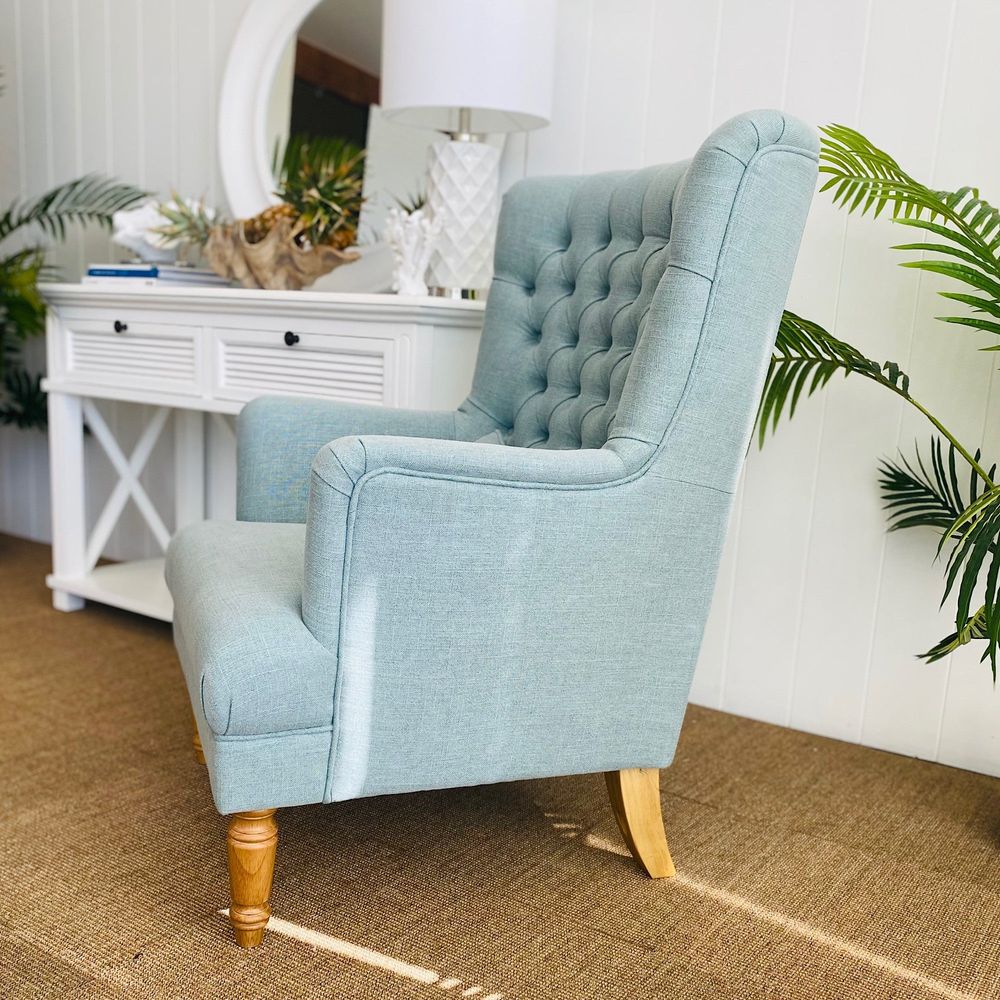 Bayside Pistachio Hamptons Button Tufted Winged Armchair W/Wooden Legs