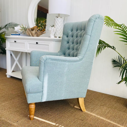 Bayside Pistachio Hamptons Button Tufted Winged Armchair W/Wooden Legs