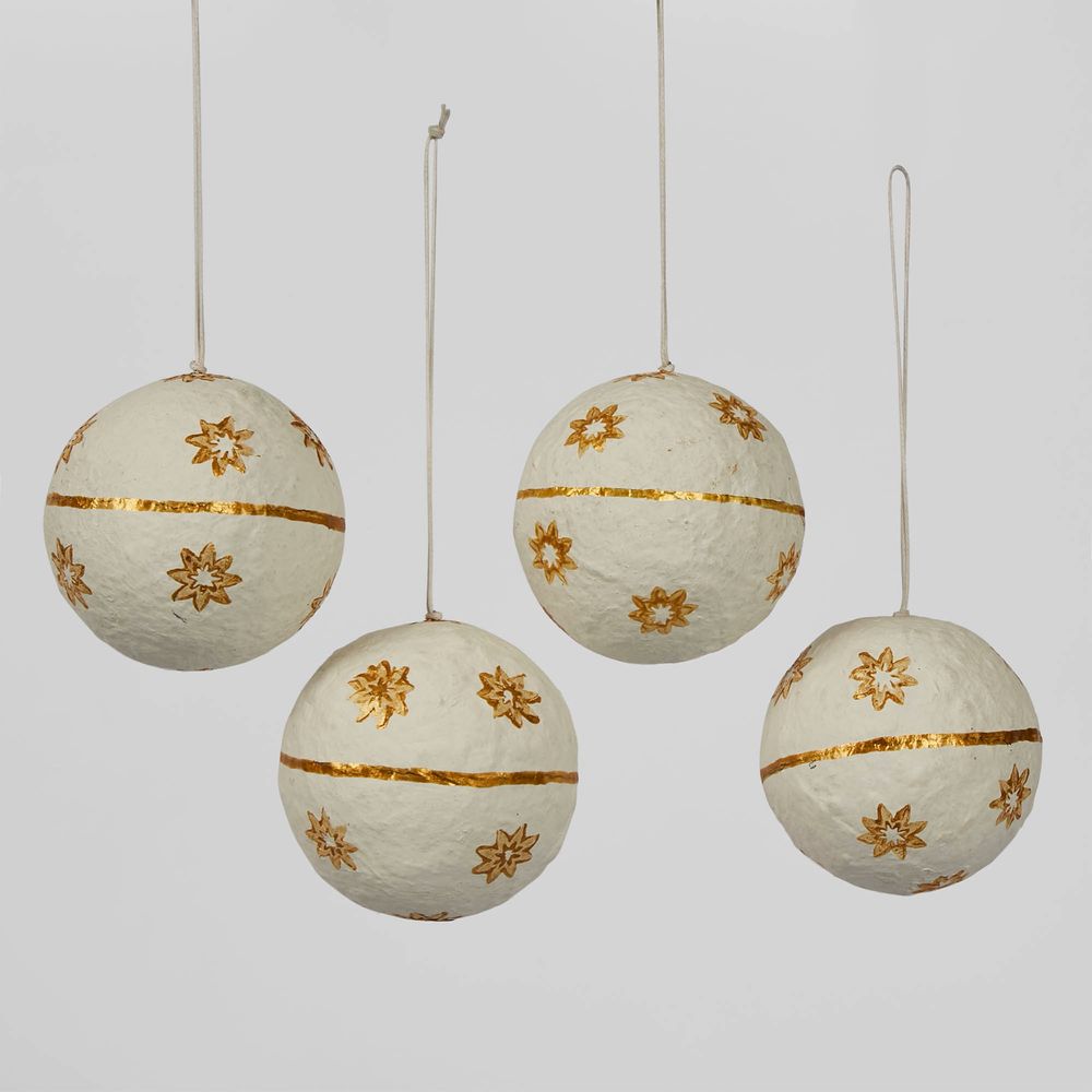 Mache Hanging Ball Ornament White (Set Of 4)