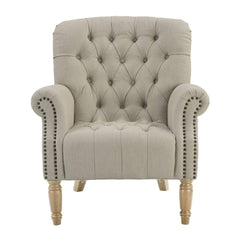 Maurice Natural Linen Blend Buttoned Armchair W/ Studs Oak Legs