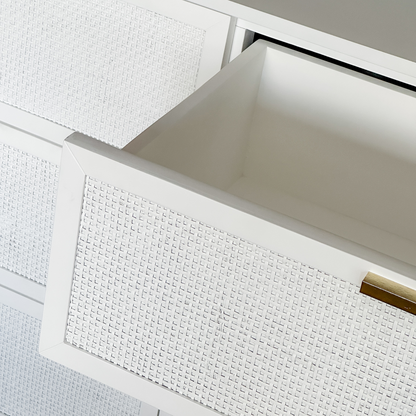 Santorini Hamptons 6 Drawer Timber/Rattan Dresser 140Cm White