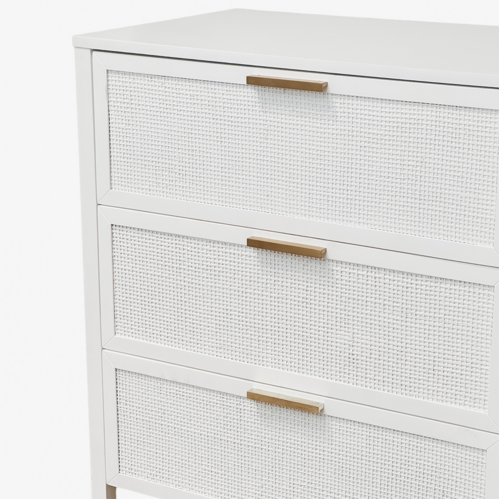 Santorini Hamptons 6 Drawer Timber/Rattan Dresser 140Cm White