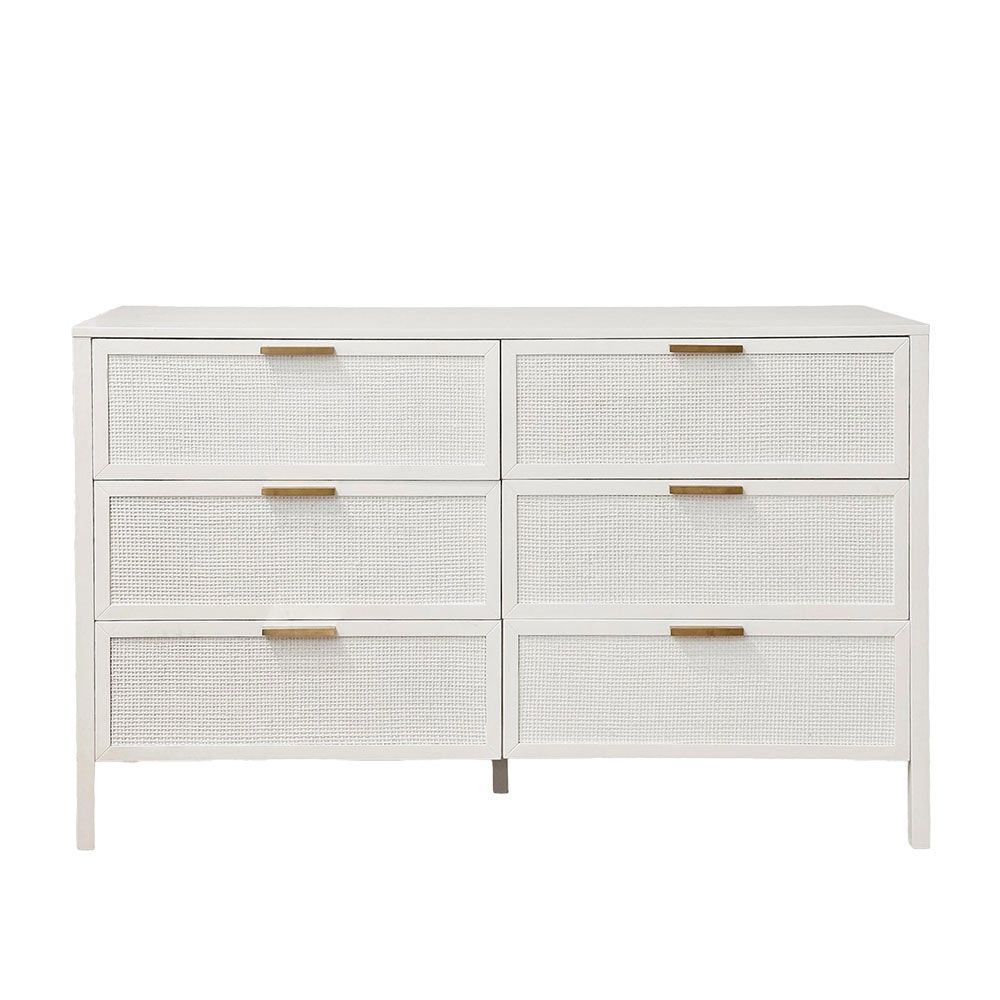 Santorini Hamptons 6 Drawer Timber/Rattan Dresser 140Cm White