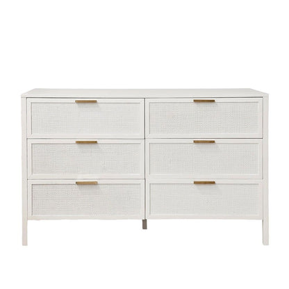 Santorini Hamptons 6 Drawer Timber/Rattan Dresser 140Cm White