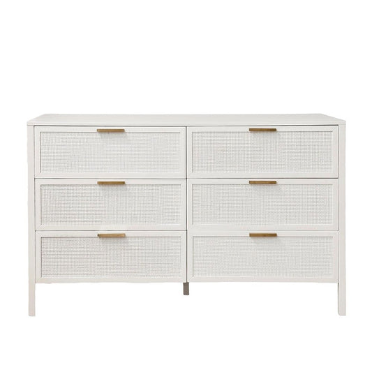Santorini Hamptons 6 Drawer Timber/Rattan Dresser 140Cm White