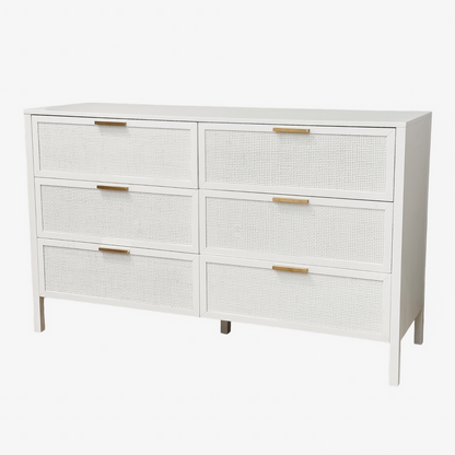 Santorini Hamptons 6 Drawer Timber/Rattan Dresser 140Cm White