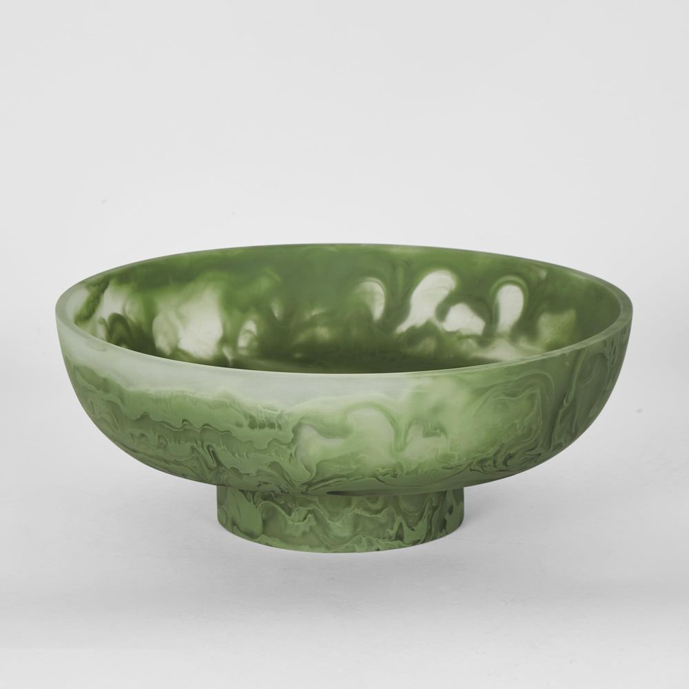 Idra Swirl Resin Serving Bowl On Stand Green