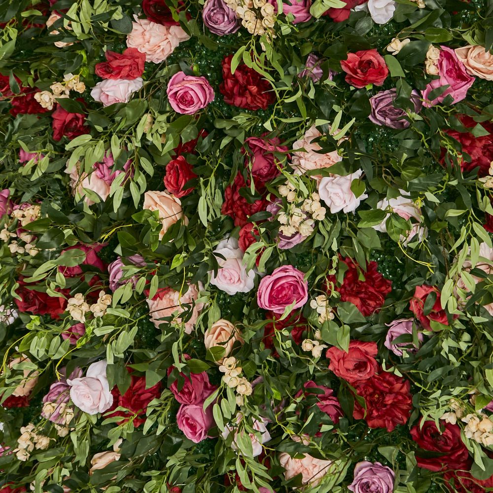 Flower Wall With Pink, Purple, Beige & Red Roses & Peonies And Green Leaves