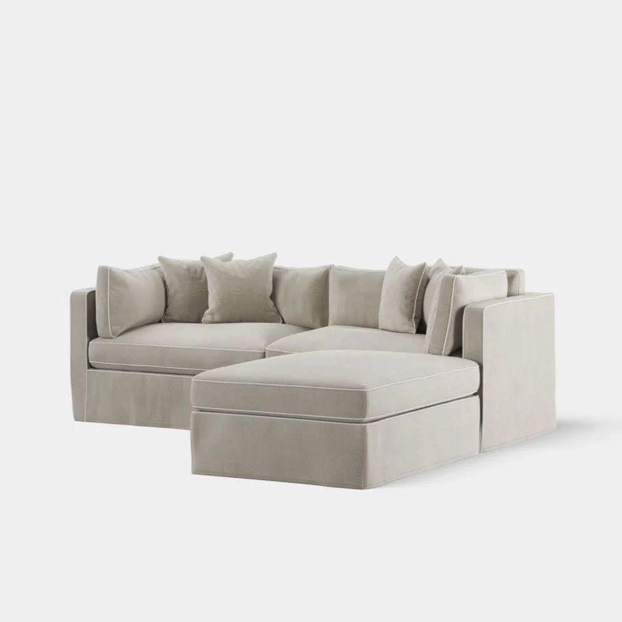 Marbella Modular 4 Seater Reversible Ottoman Chaise Sofa Natural W/White Piping