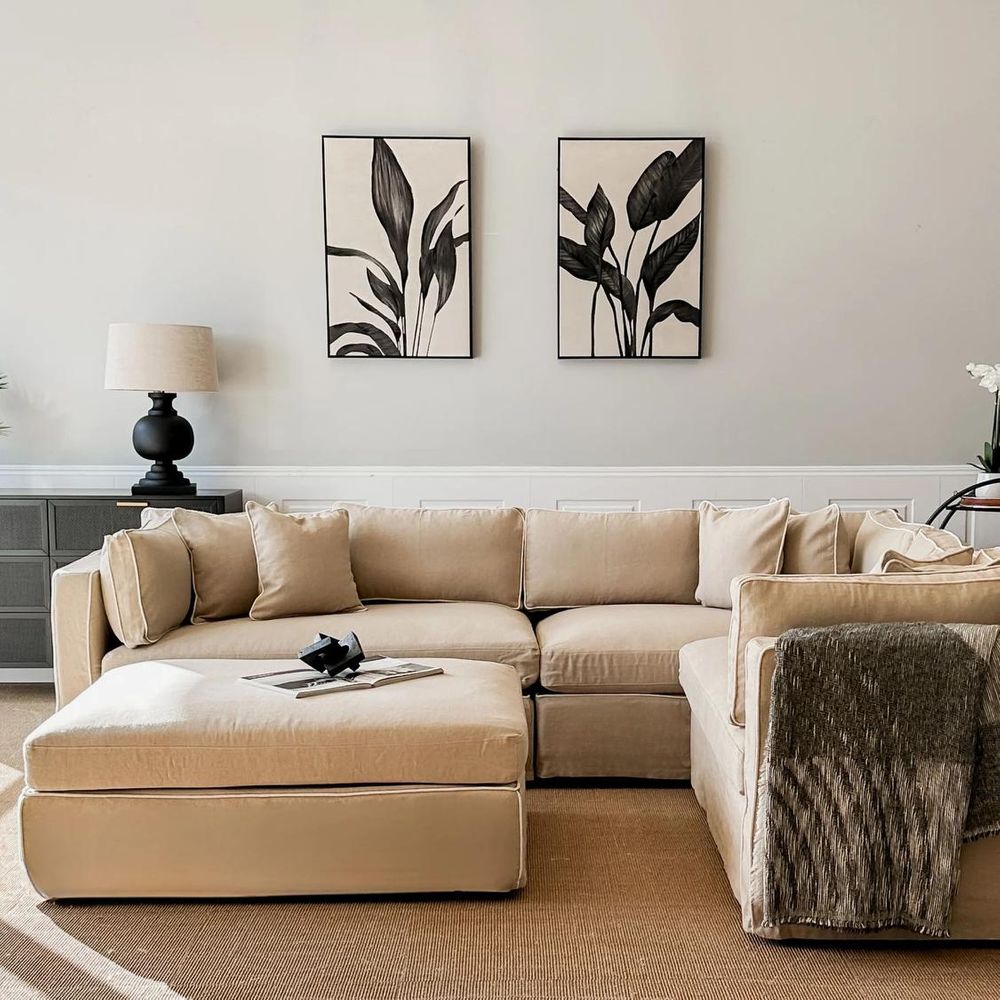 Marbella Modular Sofa Natural With White Piping - Left Facing