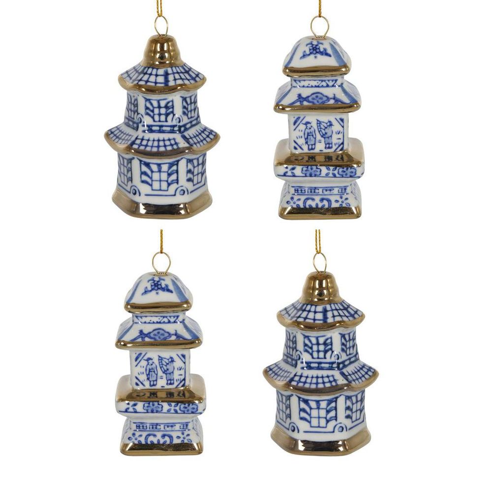Chinoiserie Pagoda Hanging Ornaments Box Of 4