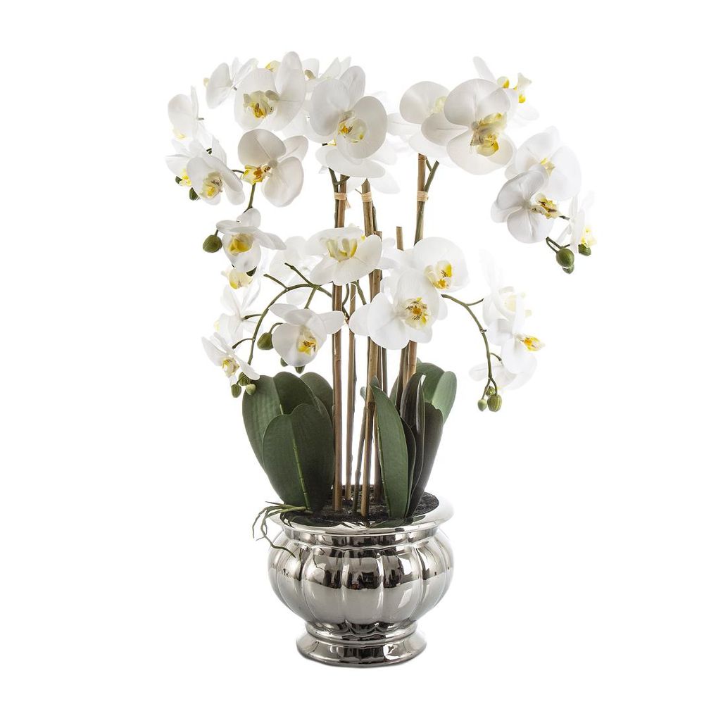 Potted Orchid In Silver Bowl Large 68Cm White