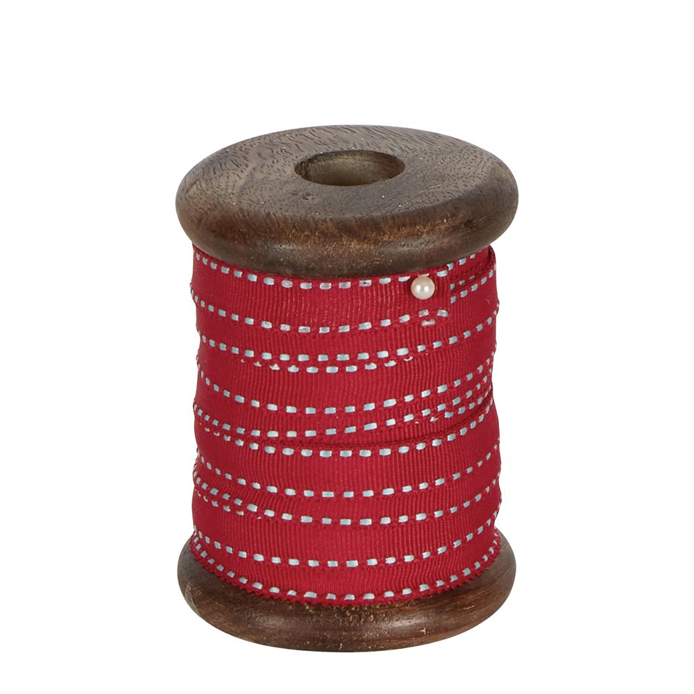 Red Ticking Grosgrain Ribbon On Wooden Spool 10M