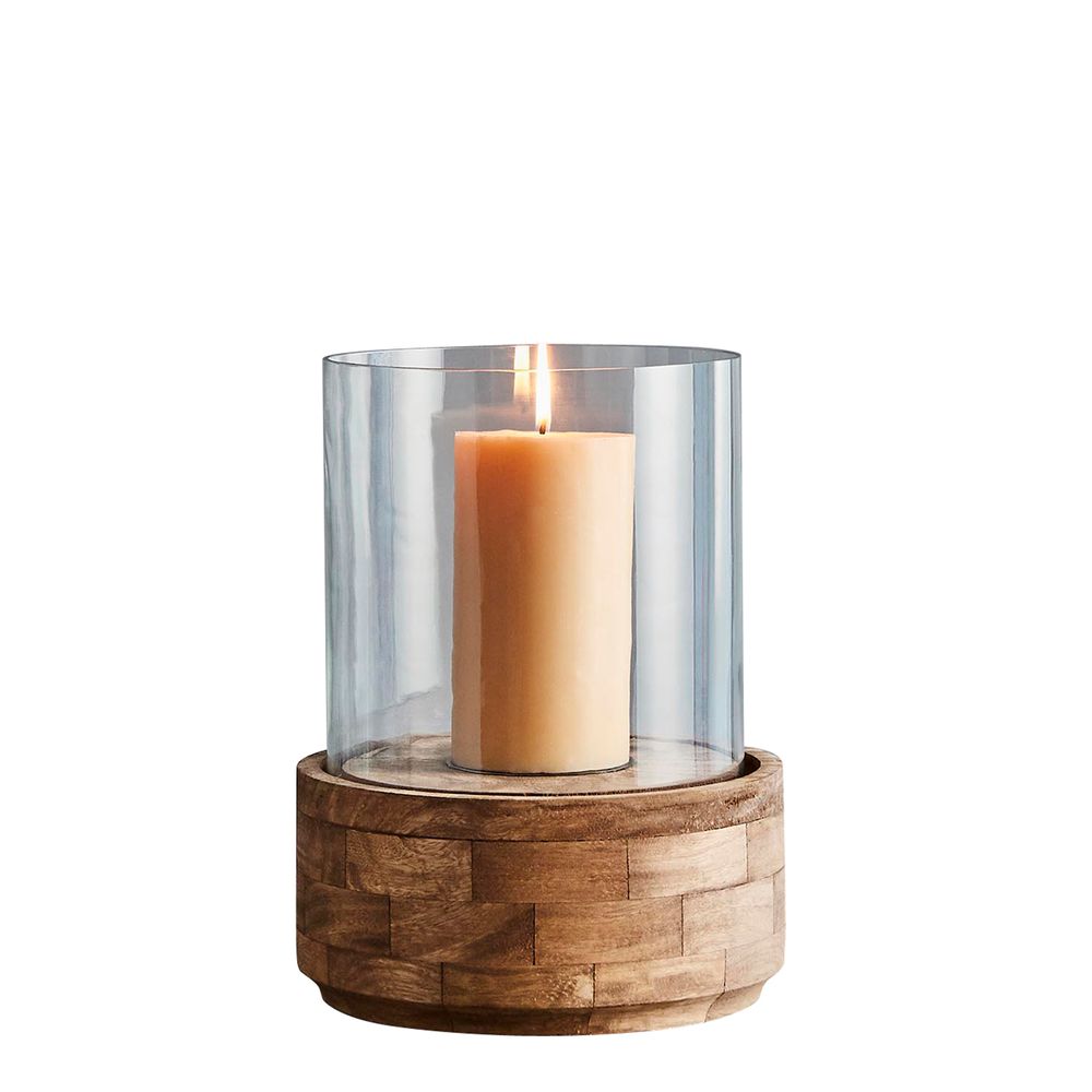 Amalfi Small - Dark Natural/Clear Glass - Glass And Wood Hurricane Lamp