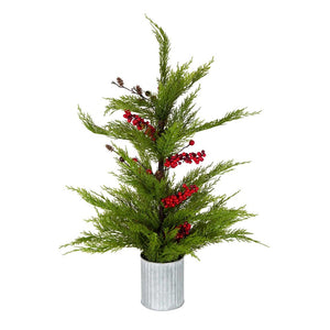 Mini Pine Tree Red Berries With Tin Pot