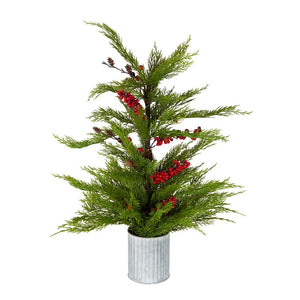 Mini Pine Tree Red Berries With Tin Pot