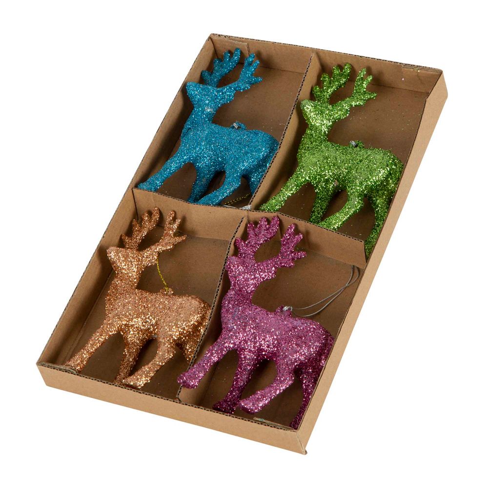 Glitterati Deer Tree Decorations- Box Of 4 Multicolour