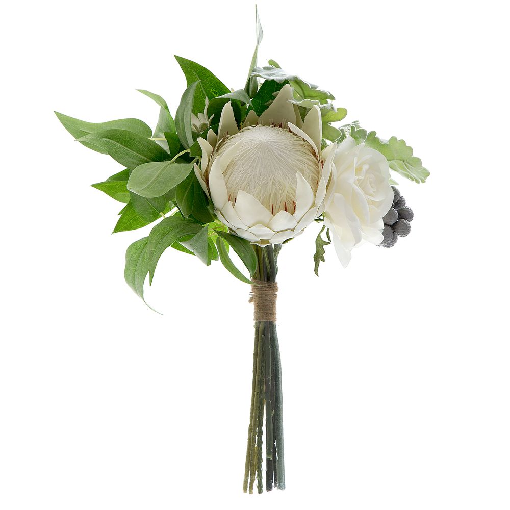 Protea Rose Dusty Miller Mix Bouquet 40Cm White