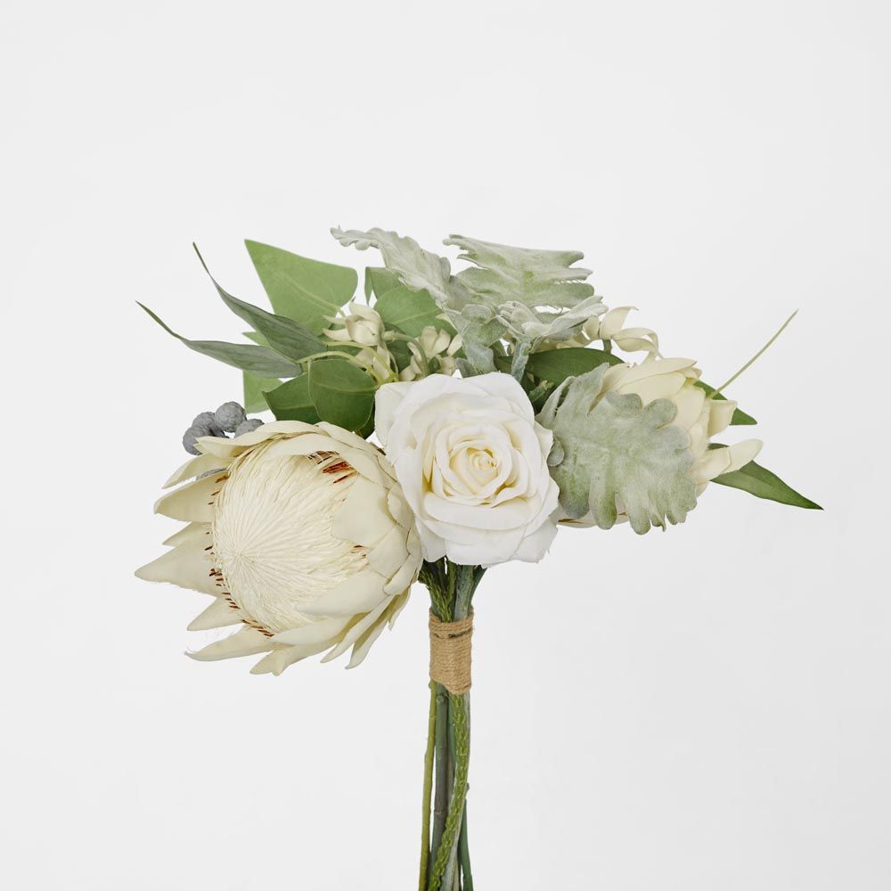 Protea Rose Dusty Miller Mix Bouquet 40Cm White