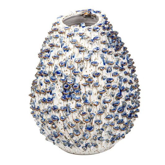 带花的蛋形花瓶 中号 白色和蓝色