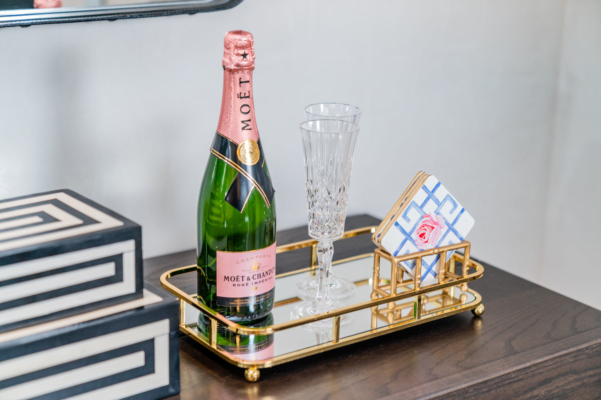 96G - Gold Bamboo Stand W/4 Coasters Blue & Pk