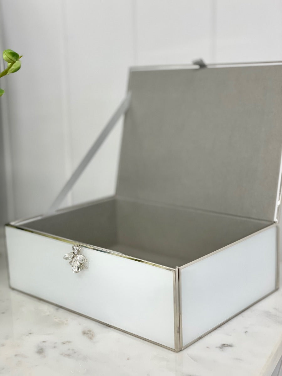 94Ksb - Glass Jewel Box Wht/Silver W/Bee Large