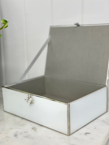 94Ksb - Glass Jewel Box Wht/Silver W/Bee Large