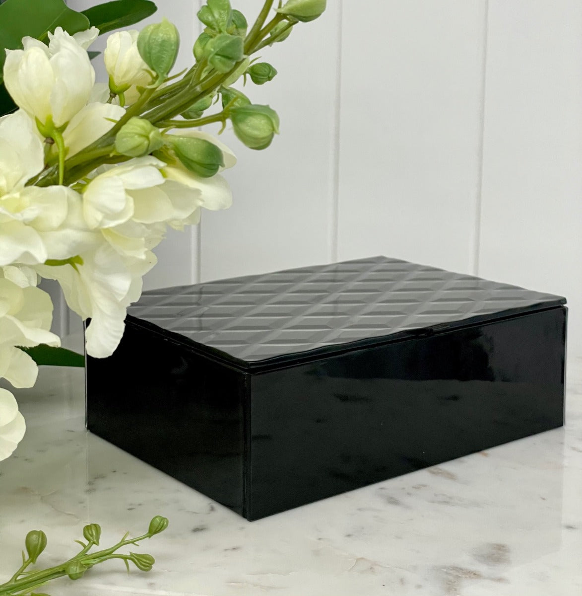 94J - Black Glass Diamond Box Small 21 X 15Cm