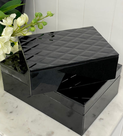 94J - Black Glass Diamond Box Small 21 X 15Cm