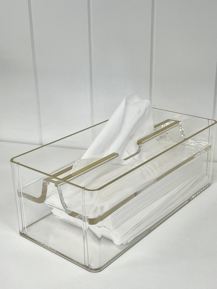 14 - Acrylic Tissue Box Open W/ Gold Trim