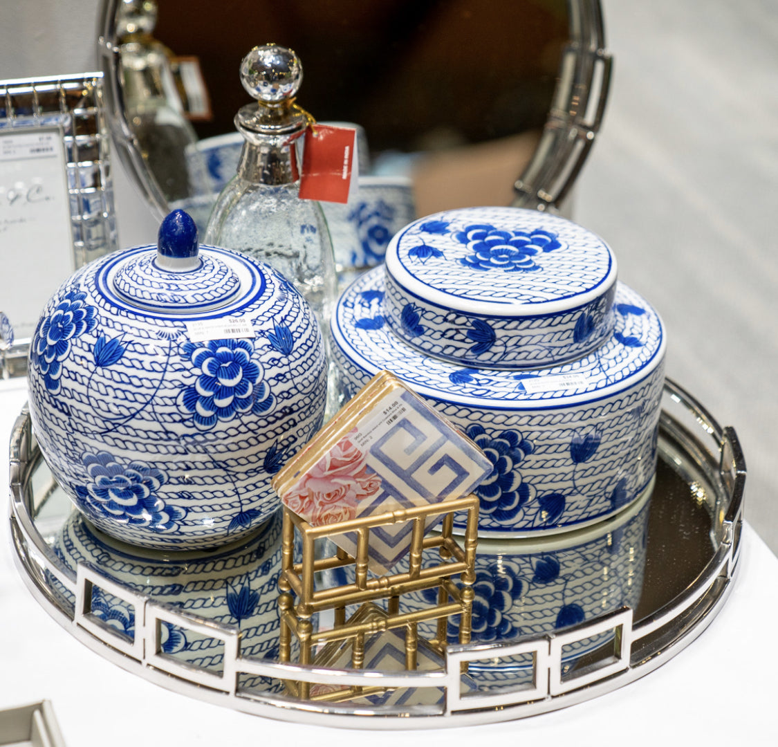 96G - Gold Bamboo Stand W/4 Coasters Blue & Pk