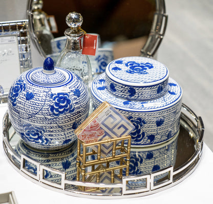 96G - Gold Bamboo Stand W/4 Coasters Blue & Pk