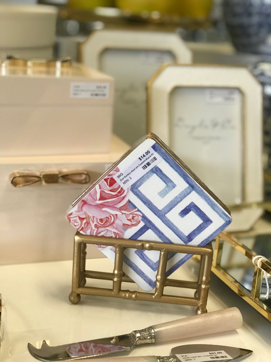 96G - Gold Bamboo Stand W/4 Coasters Blue & Pk