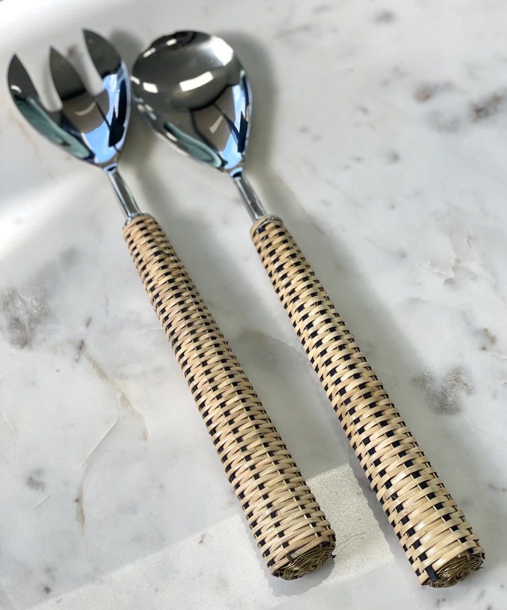 35P - Light Rattan Weave Salad Servers