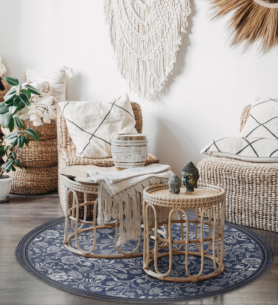 Bohemian Garden Indigo Flower Round Vinyl Rug Lifestyle